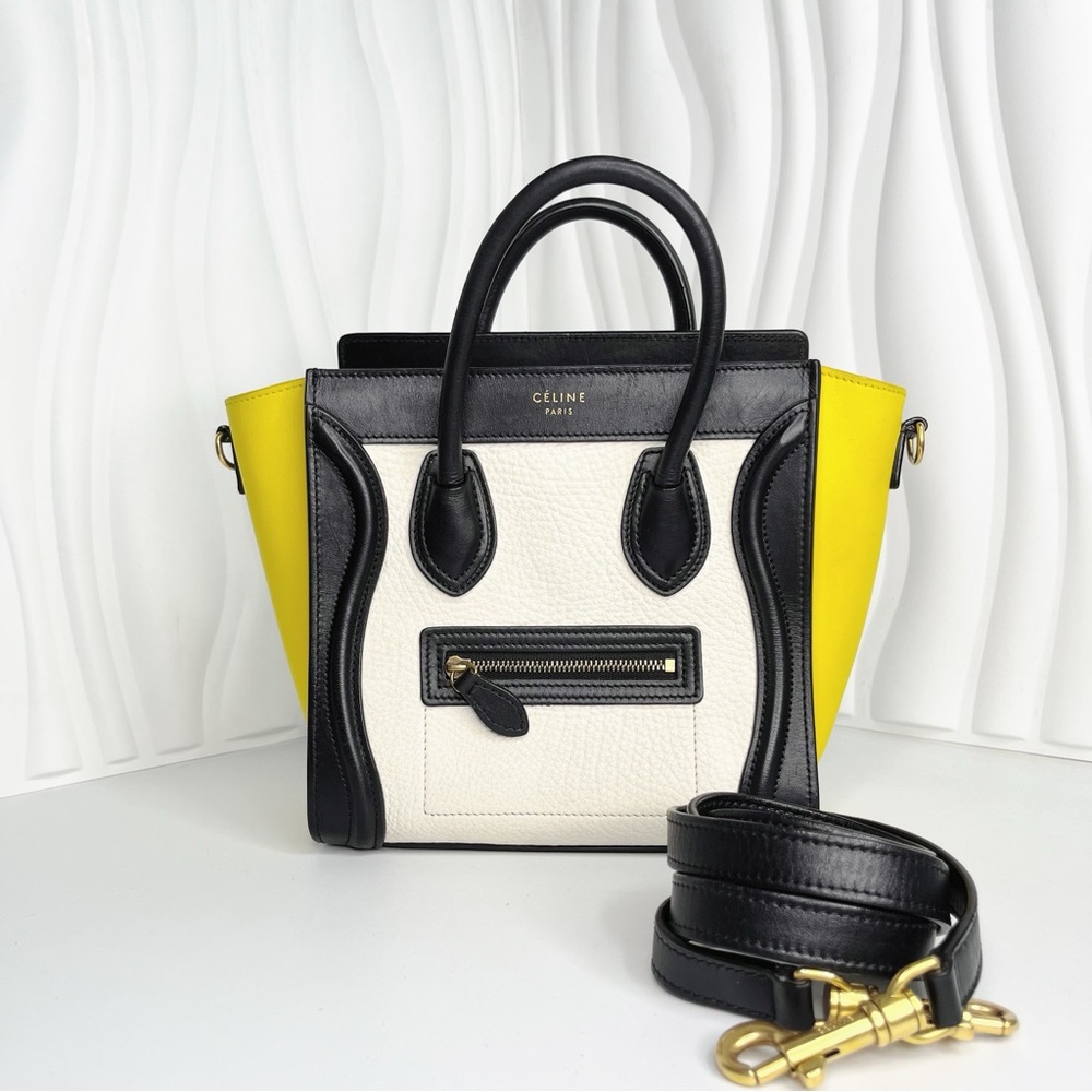 CELINE Luggage Nano Shopper Tricolor Black Beige Yellow Handbag